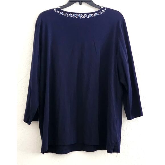 TOP/BLOUSE-QUACKER FACTORY-Navy Blue-V-Neck-Rhinestones-Studs-3/4 Sleeve-XL - Picture 2 of 14